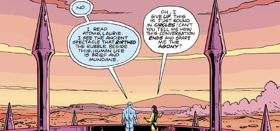 A panel from Watchmen #9, written by Alan Moore and illustrated by Dave Gibbons